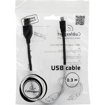 Кабель USB - miniUSB 5p, 0.3м, экран, черный, Cablexpert [CCP-USB2-AM5P-1]
