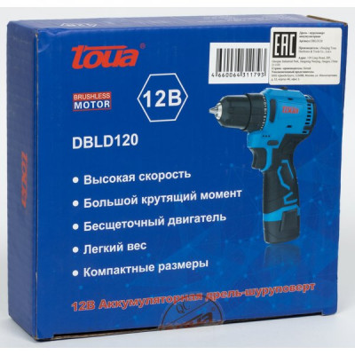 Шуруповерт аккумуляторный Toua DBLD120, бесщеточный, компактный, 2 батареи