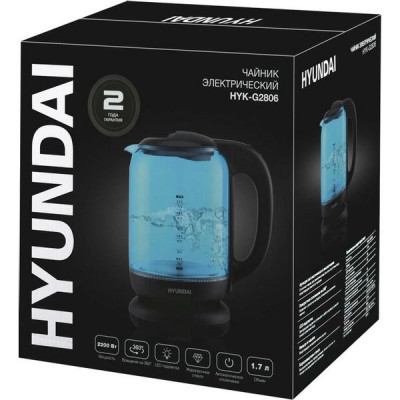 Чайник электрический 2200Вт, термост.стекло, емкость 1,7л Hyundai [HYK-G2806] голубой/черный