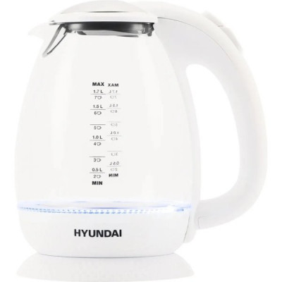 Чайник электрический 2200Вт, термост.стекло, емкость 1,7л Hyundai [HYK-G3805] белый/прозрачный