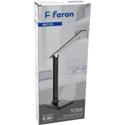 Светильник настольный LED 10W, 4000К, 500Лм, сенсорный/диммер, складной, Feron DE1725 [29860] черный