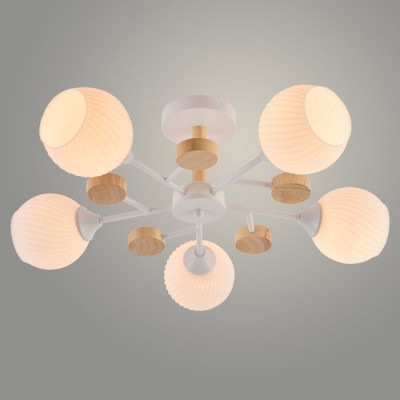 Люстра потолочная 5*E27*60W, стекло, 610*610*220, планка, Росток [XA1580/5 WH+WOOD] белый/дерево