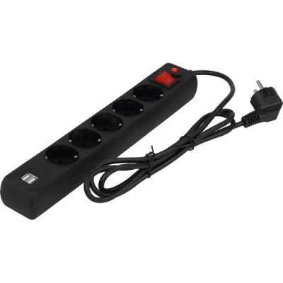 Сетевой фильтр  1.8м, 5 розеток, 10А/2500Вт, 2xUSB, Гарнизон [ECL-5-U2-B-1.8] черный
