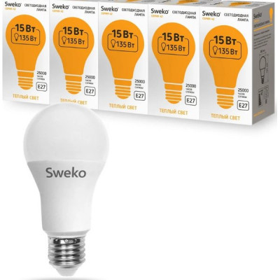 Лампа LED E27/A60 груша, 15W, 6500K, 1500Лм, Sweko [42LED-A60-15W-230-6500K-E27]