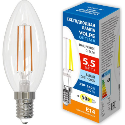 Лампа LED E14/C35 свеча,  5,5W, FILAMENT, 4000K, 500Лм, Volpe [LED-C35-5,5W/4000K/E14]