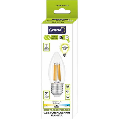 Лампа LED E27/C37 свеча, 15W, FILAMENT, 6500K, 1100Лм, GL [GLDEN-CS-15-230-E27-6500] прозрачный