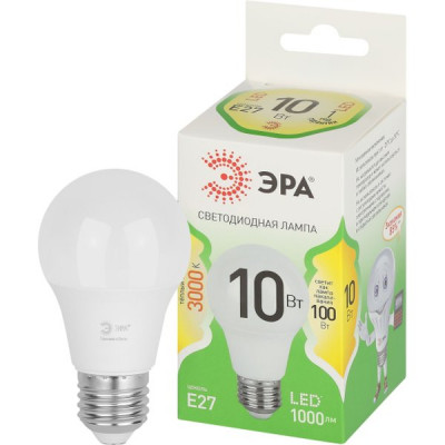 Лампа LED E27/A60 груша, 10W, 3000K, 1000Лм, ЭРА GL [LED A60-10W-830-E27 GL]