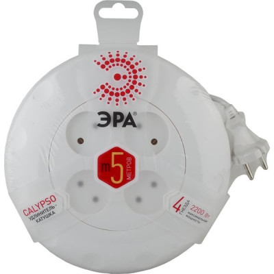 Удлинитель-рулетка  5м, 4 розетки, 2x0.75 без заземления, ЭРА [UR-4-5m-W] белый