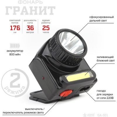 Фонарь налобный 3W COB + 3W LED, аккум, карт, АРМИЯ РОССИИ Гранит [GA-501]
