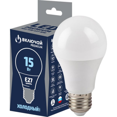 Лампа LED E27/A60 груша, 15W, 6500K, 1425Лм, Включай [LED PREMIUM A60-15W-E27-WW] РОССИЯ