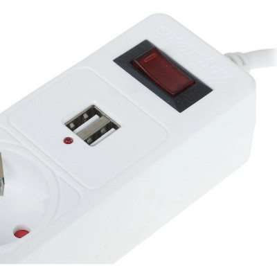 Сетевой фильтр  1.8м, 5 розеток+2xUSB 2.1A, 10А/2200Вт, 3x0.75, SmartBuy [SBSP-18U-W] белый
