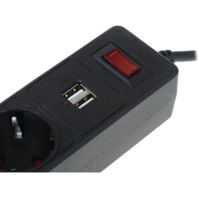 Сетевой фильтр  1.8м, 5 розеток+2хUSB 2.1A, 10А/2200Вт, 3x0.75, SmartBuy [SBSP-18U-K] чёрный