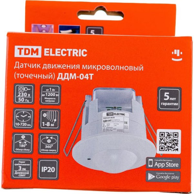 Датчик движения микроволновый 180/360гр, 1200Вт, 10-720с, 1-8м, IP20, d65, TDM ДДМ-04T [SQ0324-0029]