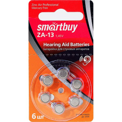 Батарейка SmartBuy ZA13, 1.45В [BL6/60/3000] [SBZA-A13-6B] для слуховых аппаратов