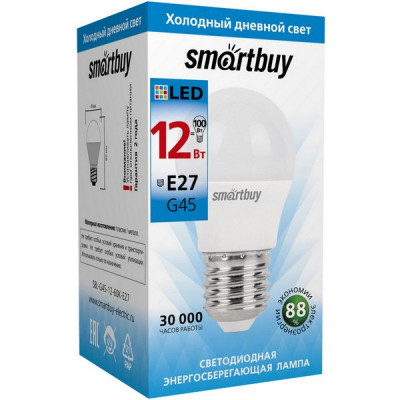Лампа LED E27/G45 шар, 12W, 6000K, 960Лм, Smartbuy [SBL-G45-12-60K-E27]
