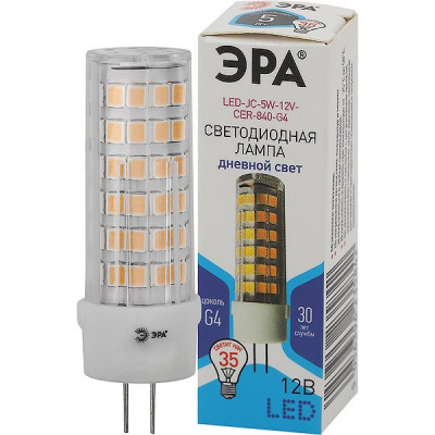 Лампа LED G4, 5W/12В, 4000K, 400Лм, ЭРА [LED JC-5W-12V-CER-840-G4]
