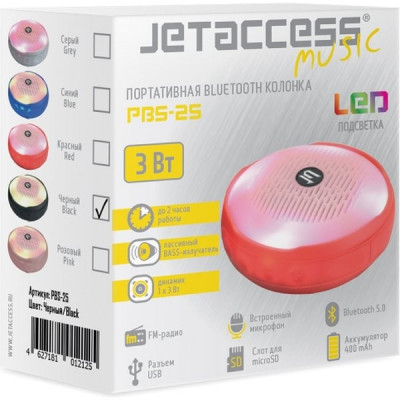 Колонка Jet.A, BT, MP3 microSD, USB, 3W, 400mAh, LED-подсветка, черн [PBS-25 Black]
