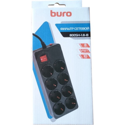 Сетевой фильтр  1.8м, 8 розеток, BURO [800SH-1.8-B] черный