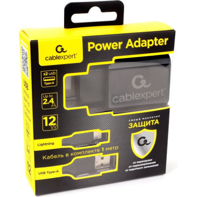 Зарядное устройство Cablexpert, 2хUSB 2.4A + кабель Lightning 1м, [MP3A-PC-36] черный