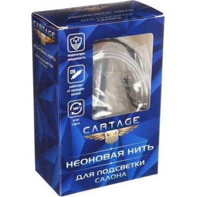 Неоновая нить для подсветки авто, 2м, адаптер питания 12В, синий, Cartage [156917]