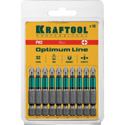Набор бит PH2 10шт, 50мм, сталь Cr-Mo, хвостовик 1/4 (Е), KRAFTOOL [26122-2-50-10]