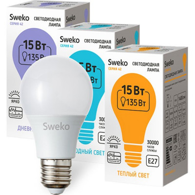 Лампа LED E27/A60 груша, 15W, 4000K, 1400Лм, Sweko [42LED-A60-15W-230-4000K-E27-P]