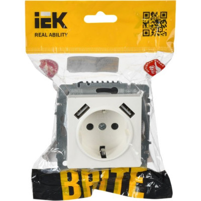Розетка с/у 2P+E+2xUSB 16A, IP20, IEK BRITE [BR-R14-16-U21-D21-K01] белый