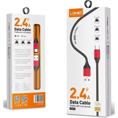 Кабель USB - microUSB, 1.0м, 2.4А, LDNIO LS431 [LD_B4632] медь, 86 жил, нейлоновая оплетка, красный