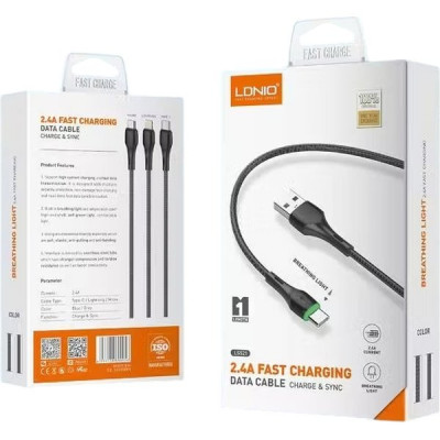 Кабель USB - microUSB, 1.0м, 2.4А, LDNIO LS521 [LD_B4530] медь, 86 жил, LED подсветка, серый