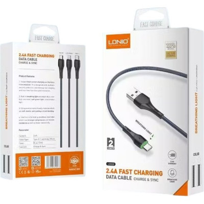 Кабель USB - microUSB, 2.0м, 2.4А, LDNIO LS522 [LD_B4514] медь, 112 жил, LED подсветка, серый