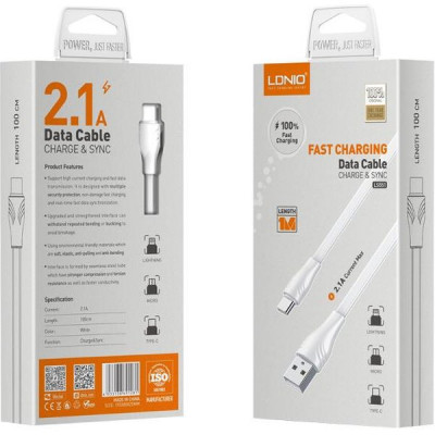 Кабель USB - Type-C, 1.0м, 2.1А, LDNIO LS551 [LD_C3829] медь, 60 жил, ПВХ, плоский, белый