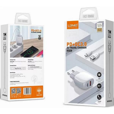 Зарядное устройство LDNIO, USB+Type-C Auto-ID, max 20W, кабель PD-L/PD + QC 3.0 [A2316C] белый