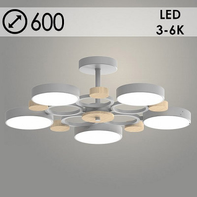 Люстра LED  90W, ПДУ 3000-6000K, пластик, 600*600*180, Росток [XI3213/5 GRAY+WOOD] серый/дерево