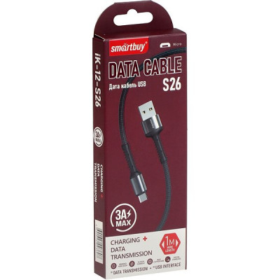 Кабель USB - microUSB, 1.0м, 3A, SmartBuy [iK-12-S26bg] черный/серый