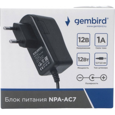 Адаптер питания 12V  12W, 1A, IP20, пластик, с выкл., штекер 5.5*2.5мм, черный, Gembird [NPA-AC7]