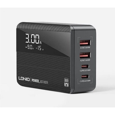 Зарядное устройство LDNIO, 1xUSB-A+3xUSB-C, max100W, GaN+LED дисплей/PD+PPS+SCP+QC4+ [A4809C] черный