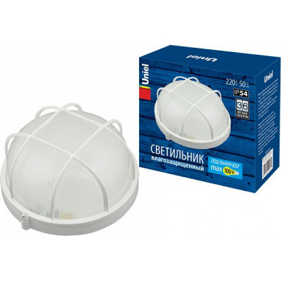 Светильник ЖКХ 1xE27x100W круг, стекло с решеткой, IP54, Uniel [UWL-R02 100W/E27 IP54 WHITE]