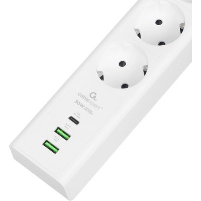 Сетевой фильтр  2м, 4 розетки, 16А/3500Вт, 3x1.5, 3хUSB, Cablexpert Exnovo [EXN-4-CU2-W-2] белый