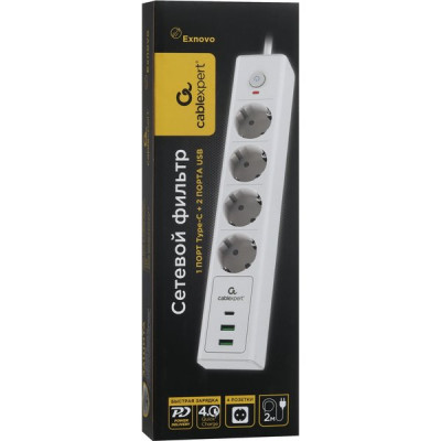 Сетевой фильтр  2м, 4 розетки, 16А/3500Вт, 3x1.5, 3хUSB, Cablexpert Exnovo [EXN-4-CU2-W-2] белый
