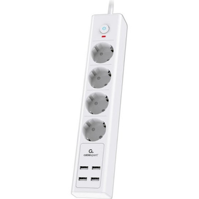 Сетевой фильтр  2м, 4 розетки, 16А/3500Вт, 3x1.5, 4хUSB, Cablexpert Exnovo [EXN-4-U4-W-2] белый