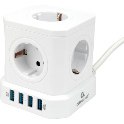 Сетевой фильтр  2м, 5 розеток, 10А/2500Вт, 3x0.75, 4хUSB, Cablexpert Tower [TWR-5-U4-W-2] белый