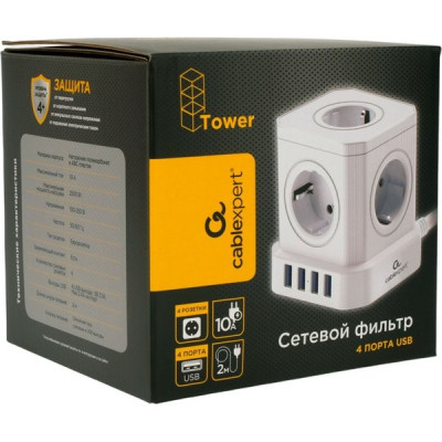 Сетевой фильтр  2м, 5 розеток, 10А/2500Вт, 3x0.75, 4хUSB, Cablexpert Tower [TWR-5-U4-W-2] белый