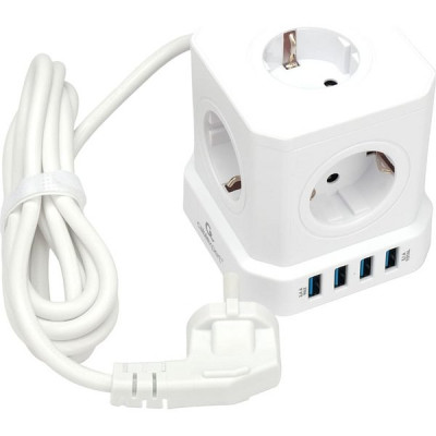 Сетевой фильтр  2м, 5 розеток, 10А/2500Вт, 3x0.75, 4хUSB, Cablexpert Tower [TWR-5-U4-W-2] белый