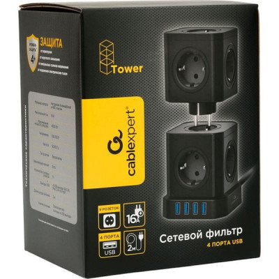 Сетевой фильтр  2м, 4 розетки, 10А/2500Вт, 3x0.75, 3хUSB, Cablexpert Tower [TWR-4-U3-B-2] черный
