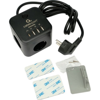 Сетевой фильтр  1.5м, 3 розетки, 10А/2500Вт, 3x0.75, 3хUSB+TypeC, Cablexpert Cube [CUBE-3-CU3-B-1.5]