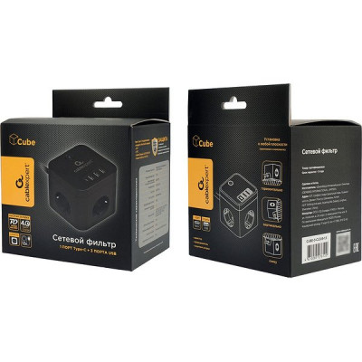 Сетевой фильтр  1.5м, 3 розетки, 10А/2500Вт, 3x0.75, 3хUSB+TypeC, Cablexpert Cube [CUBE-3-CU3-B-1.5]