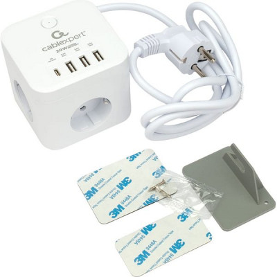 Сетевой фильтр  1.5м, 3 розетки, 10А/2500Вт, 3x0.75, 4хUSB, Cablexpert Cube [CUBE-3-CU3-W-1.5] белый