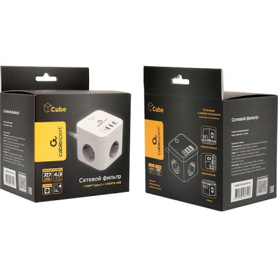 Сетевой фильтр  1.5м, 3 розетки, 10А/2500Вт, 3x0.75, 4хUSB, Cablexpert Cube [CUBE-3-CU3-W-1.5] белый