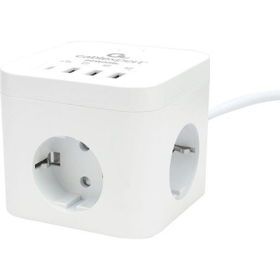 Сетевой фильтр  1.5м, 3 розетки, 10А/2500Вт, 3x0.75, 4хUSB, Cablexpert Cube [CUBE-3-CU3-W-1.5] белый