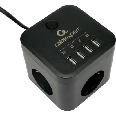 Сетевой фильтр  1.5м, 3 розетки, 10А/2500Вт, 3x0.75, 4хUSB, Cablexpert Cube [CUBE-3-U4-B-1.5] черный